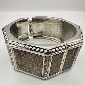 Vintage 90s Y2K Rhinestone Glitter Silver Tone Wide Cuff Bracelet
